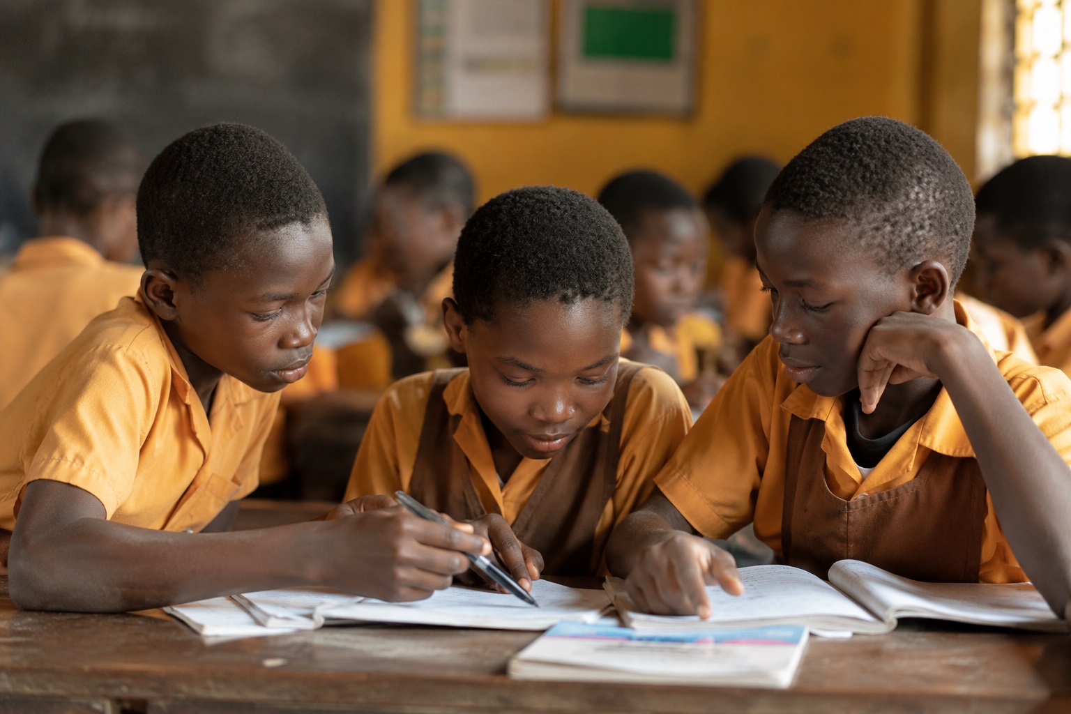 School children learning together in a classroom.